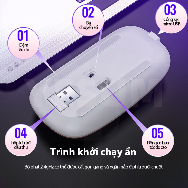 Chuột không dây kết nối Bluetooth có đèn đầy màu sắc không ồn ào dành cho máy tính/laptop A2