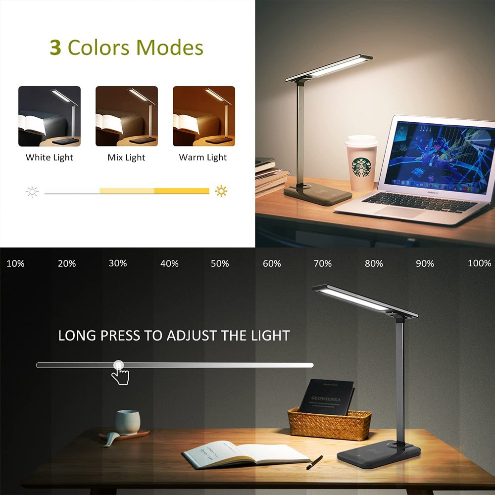 Đèn học để bàn Led Có sạc điện thoại không dây Qi 10W, 3 Chế độ sáng, Cổng sạc USB 5V