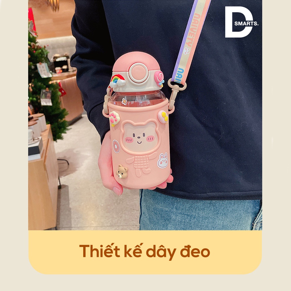 Bình nước cute, bình nước cho bé có quai đeo nắp bật ống hút mềm mại dung tích 620ml - Tặng kèm sticker cực cute
