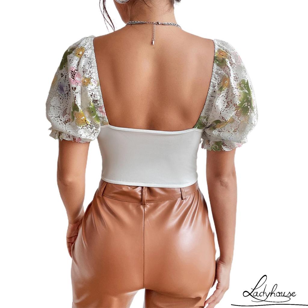 Áo Croptop Tay Phồng Ngắn In Họa Tiết Hoa Phong Cách Đường Phố Thời Trang Xuân Thu Cho Nữ