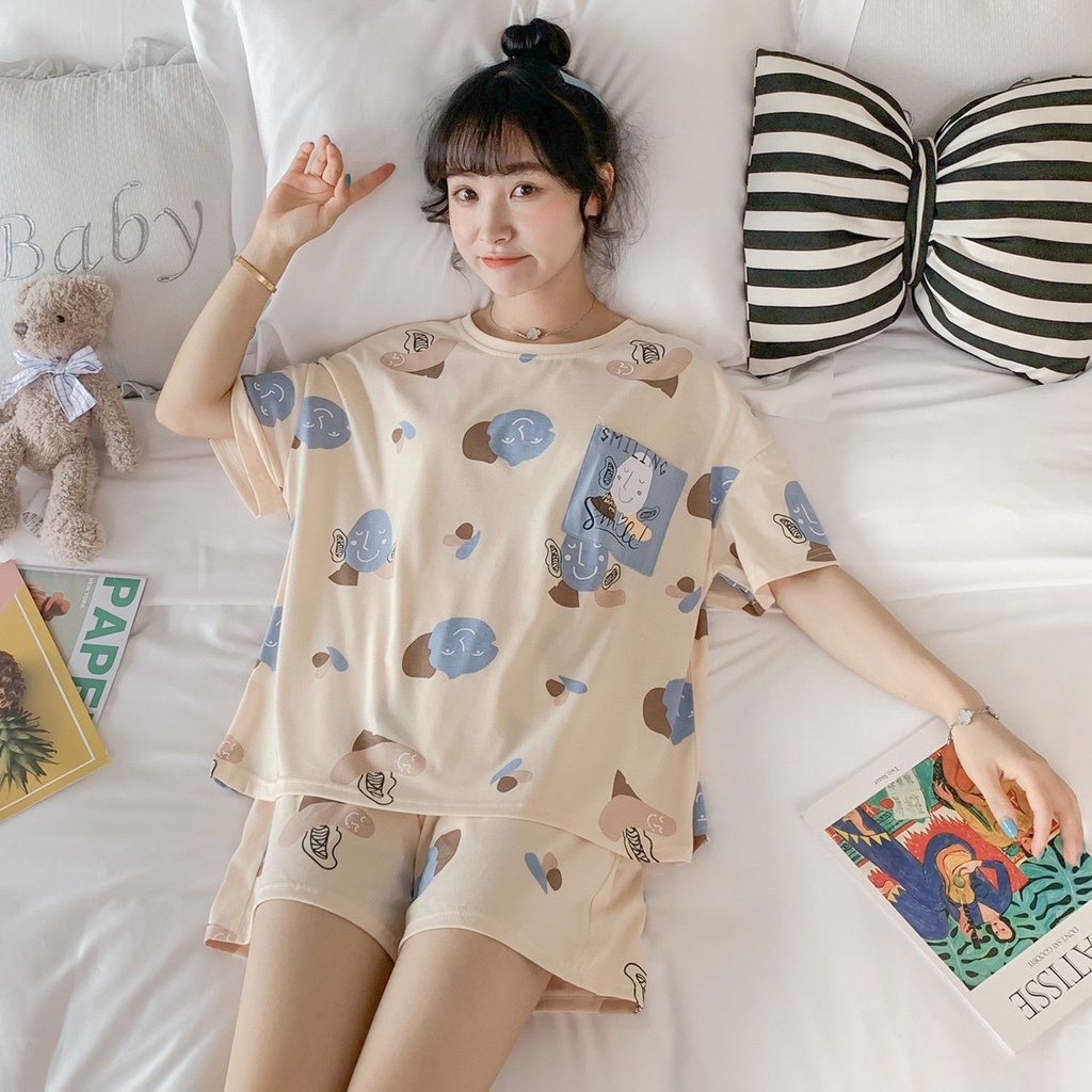 Bộ đồ ngủ tay ngắn dáng rộng in họa tiết hoạt hình dễ thương thời trang xuân hè cho nữ
