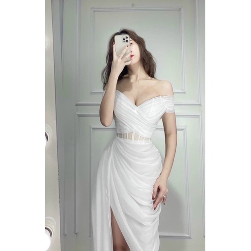Đầm body dạ hội dự tiệc trễ vai nhún eo sang trọng Shalim