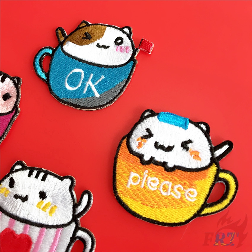 Set 1/4 miếng vá thêu/ủi quần áo họa tiết cốc nước mèo hoạt hình đáng yêu DIY