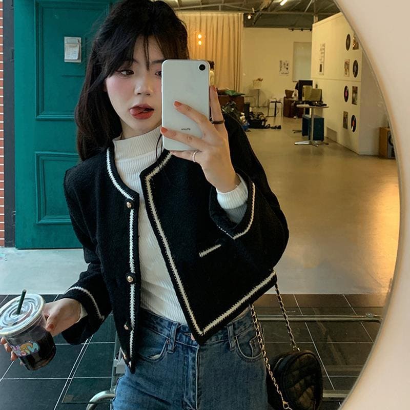 (ORDER) Áo khoác blazer màu đen dáng croptop cổ trụ viền màu trắng thời trang hàng thiết kế Quảng Châu