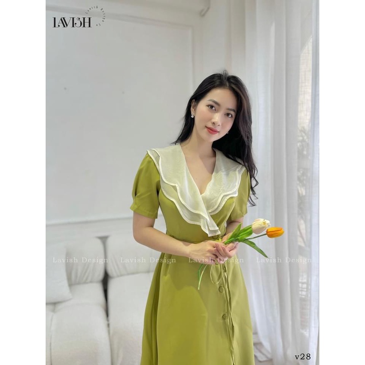 Váy phối cổ V ,đâm tơ hai lớp vạt cúc bọc,chất vải mango co giãn nhẹ,cúc bọc tỉ mỉ thủ công lên đồ chanh xả-Minxy shop