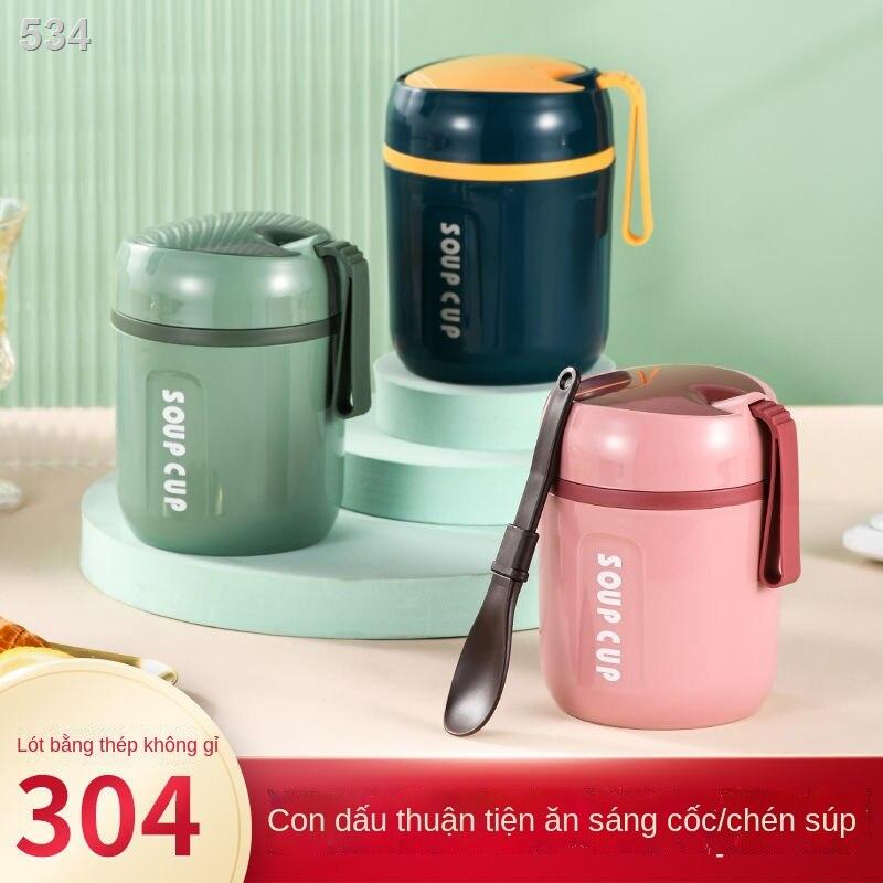 【Mới nhất】Cốc inox 304, giữ nhiệt đựng sữa ăn sáng phụ, súp yến mạch, đậu nành, nồi mini cầm tay có nắp đậy thìa