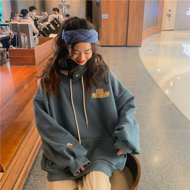 Áo nỉ hoodie nữ form rộng Áo hoodie nữ form rộng nỉ bông có mũ dài unisex oversize hình HONEY BREAD màu xám | BigBuy360 - bigbuy360.vn