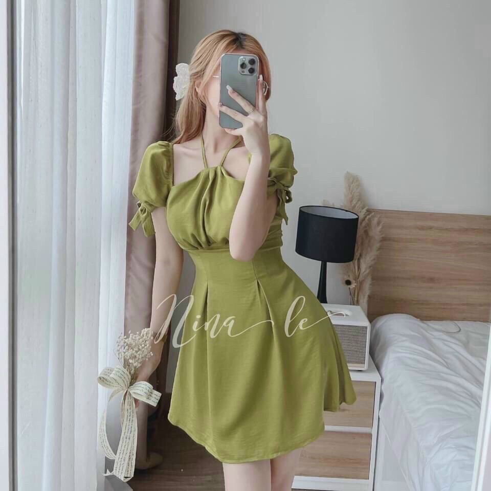 [ Miễn phí ship 2022 ] Đầm umi cổ yếm tay búp có mút ngực, đầm cột nơ tay dự tiệc sang chảnh, dễ thương