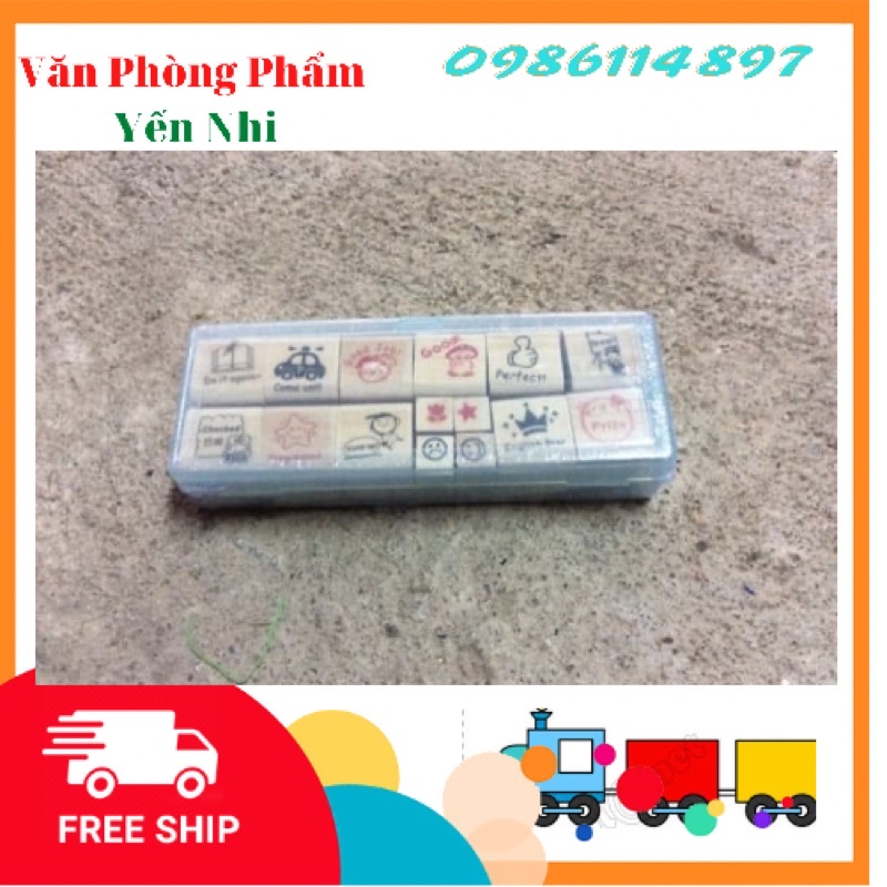 Bộ dấu gỗ lời khen tiếng anh kèm 2 khay mực