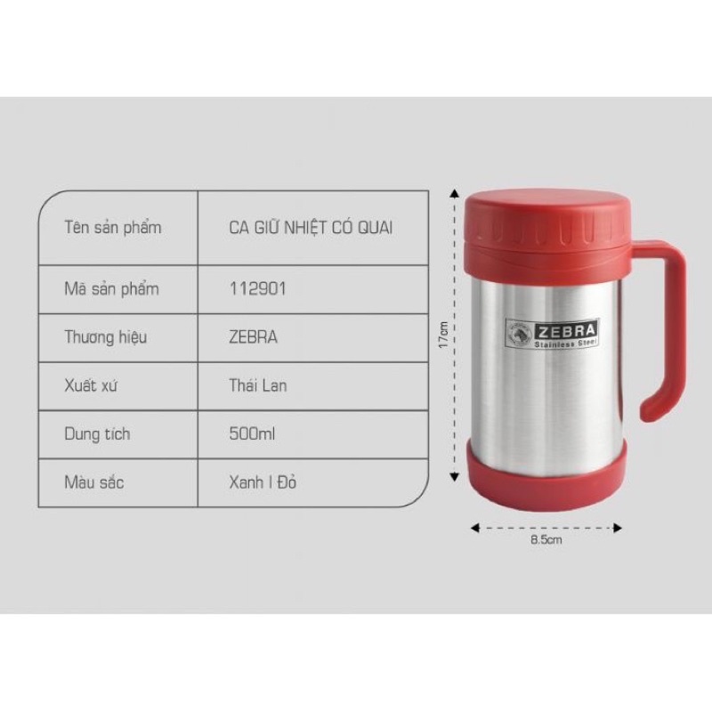 Ca Giữ Nhiệt ZEBRA Thái Lan  – 112901 Có Quai 500ml inox 304