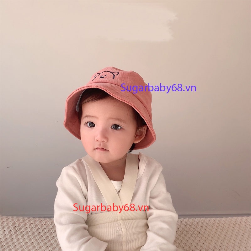 Mũ vành tròn thêu hình Gấu có quai phong cách Hàn Quốc cho bé trai bé gái từ 6 đến 18 tháng