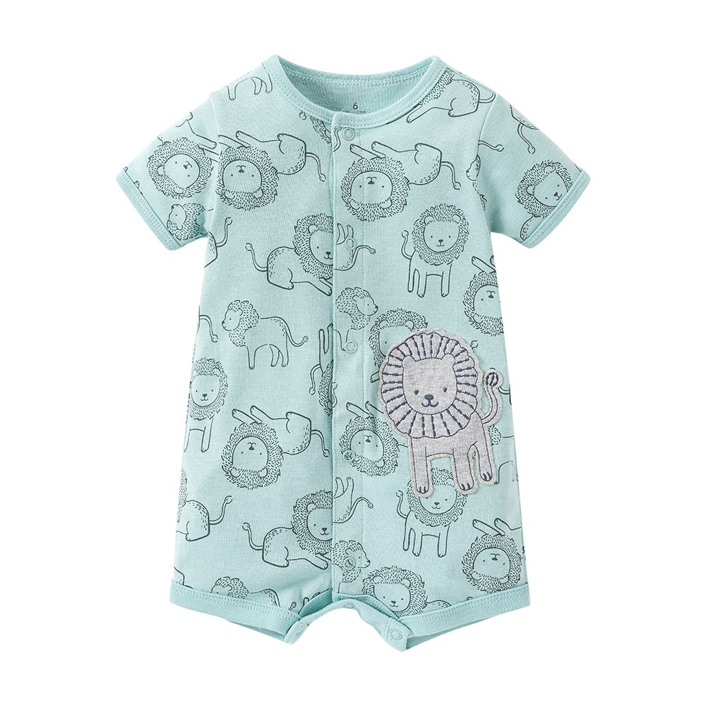 Bộ áo liền quần ngắn tay chất cotton phối nút cài họa tiết đáng yêu cho em bé