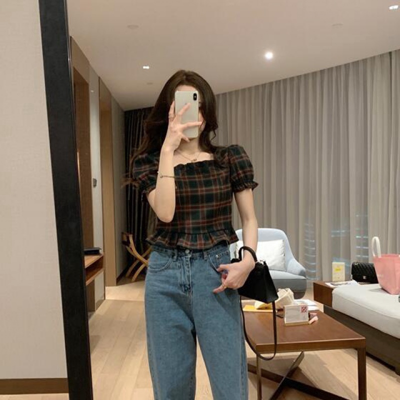 Áo cổ vuông họa tiết sọc ca rô tay ngắn phong cách retro sành điệu trẻ trung