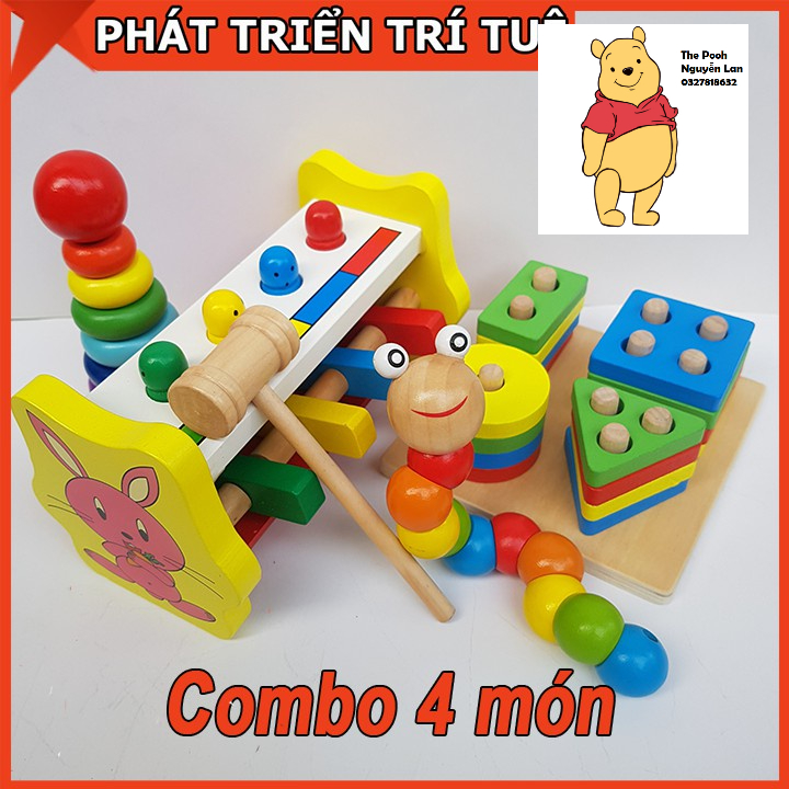 Combo Đồ Chơi Gỗ 4 Món: Đập chuột thỏ, thả hình 4 trụ, cầu vồng nhỏ, sâu gỗ uốn dẻo- The Pooh