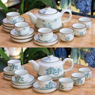 Bộ ấm chén uống trà men kem vuông, bộ bình trà gốm, ấm trà gốm - Gốm Bát Tràng