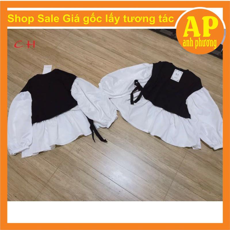 Áo phối vạt sơ mi nơ ep có ảnh thật sp