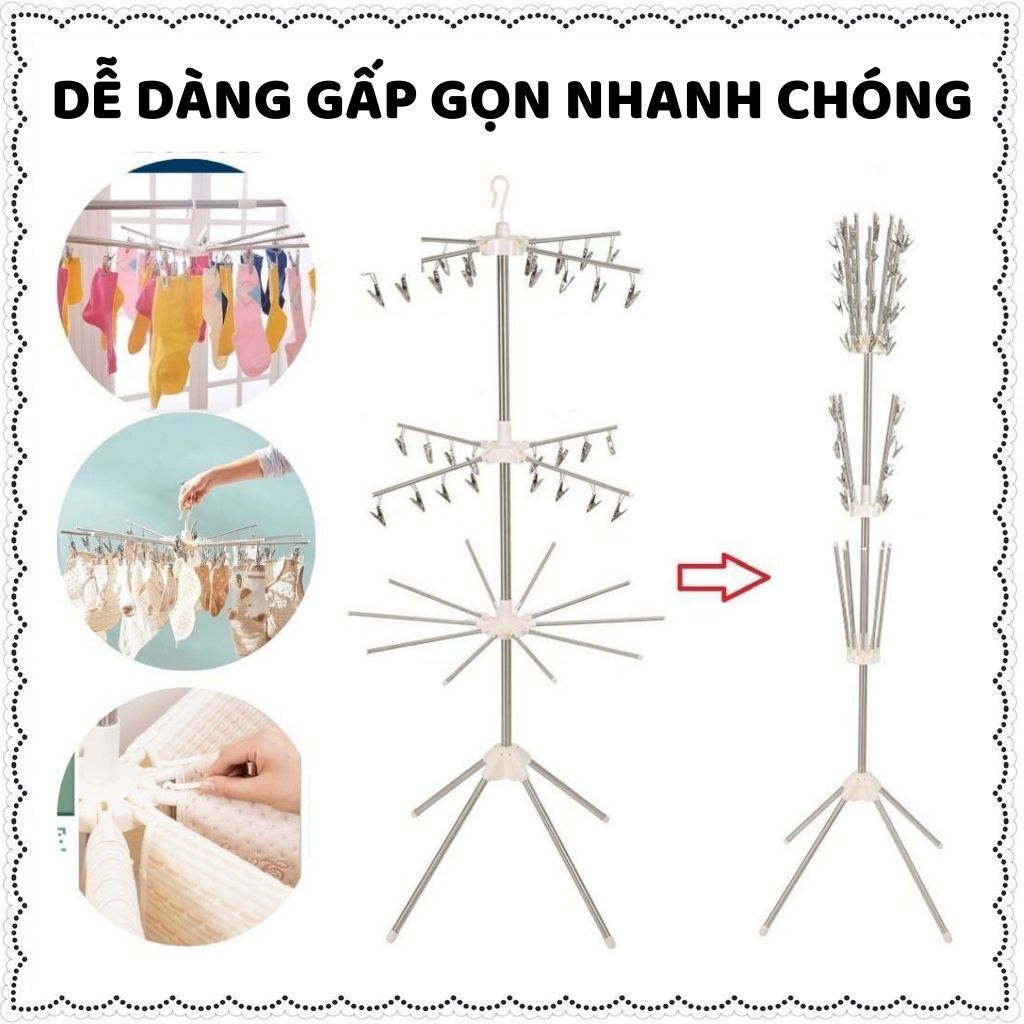 Cây phơi quần áo inox gấp gọn 3 tầng 56- 80 kẹp móc quần áo cho trẻ sơ sinh  Zozon