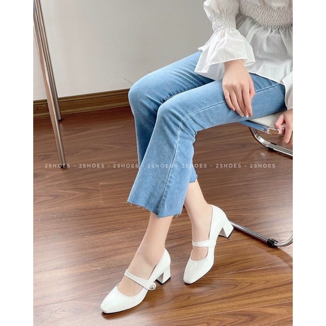 Giày cao gót tiểu thư da bóng mũi vuông gót vuông 5p phối quai ngang đi chắc chân