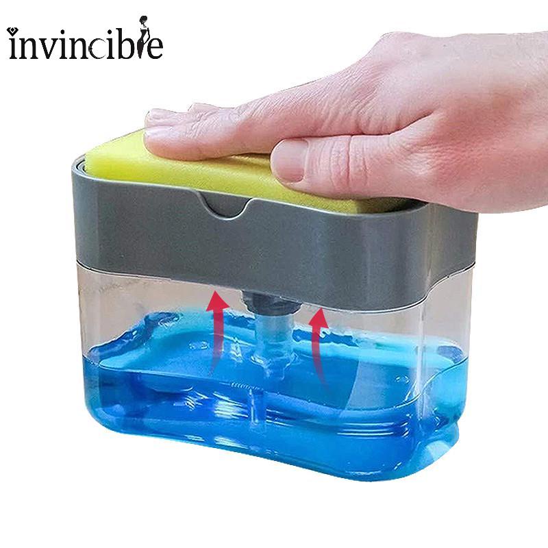 Kitchen Portable Hand Press Detergent Dispenser with Sponge Holder/ High-quality Durable Soap Liquid Container Cleaning Tool