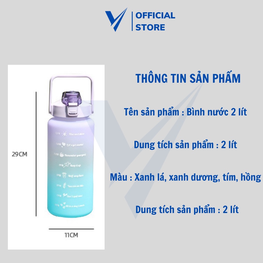 Bình nước 2 lít chia vạch tặng kèm sticker, dành cho người hay quên uống nước, nhắc thời gian uống nước đúng giờ