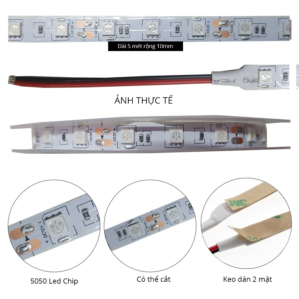 Dây Led đơn sắc 5050 12V - Loại trần có keo 2 mặt