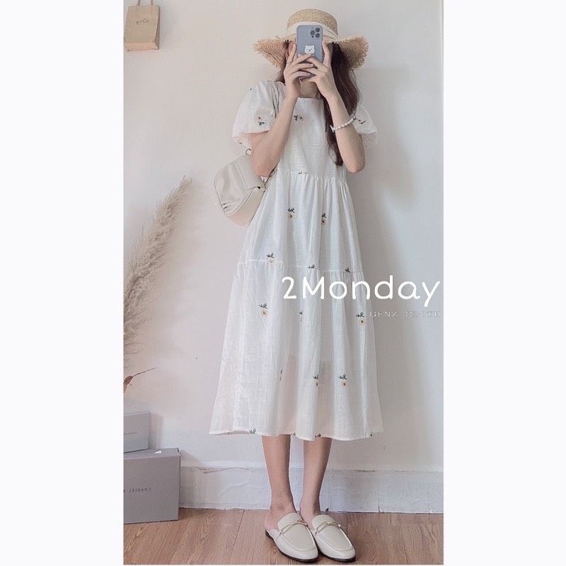 [Ảnh thật/Video] Đầm váy hoa cúc vàng tay bồng lụa hàn mềm mịn xinh