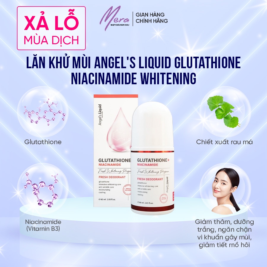Lăn Khử Mùi Dưỡng Trắng Giảm Thâm Angel's Liquid Glutathione Niacinamide Whitening