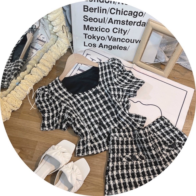 SET ÁO DẠ CARO ĐEN NÚT DỌC +  CHÂN VÁY