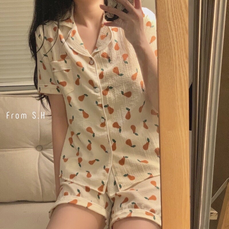 Bộ đồ ngủ nữ cộc tay kèm chun tóc chất đũi xốp mát, Bộ pijama nữ mặc nhà bo viền nhiều màu đẹp Maitrangshop92 (TTA96)