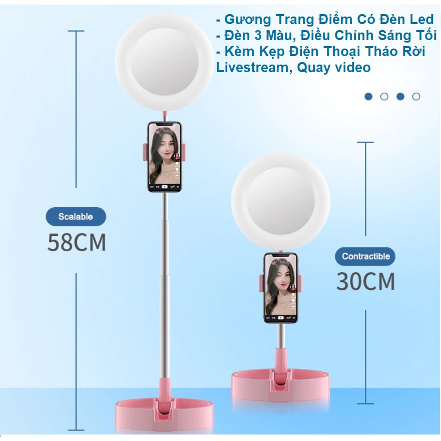 Gương trang điểm đèn led để bàn gấp gọn hình tròn - Tăng Giảm Chiều Cao - Có Kẹp Điện Thoại Livestream