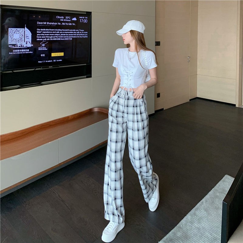 ★ Draping Suit Plaid Wide-leg Pants Women'S Summer High-waist Loose-fitting Straight-leg Trousers Slimming Casual Mopping Pants