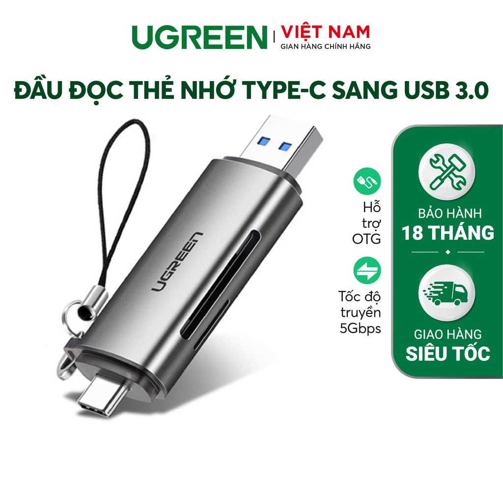 Đầu đọc thẻ USB Type-C với 2 khe thẻ cắm SD và OTG UGREEN CM184