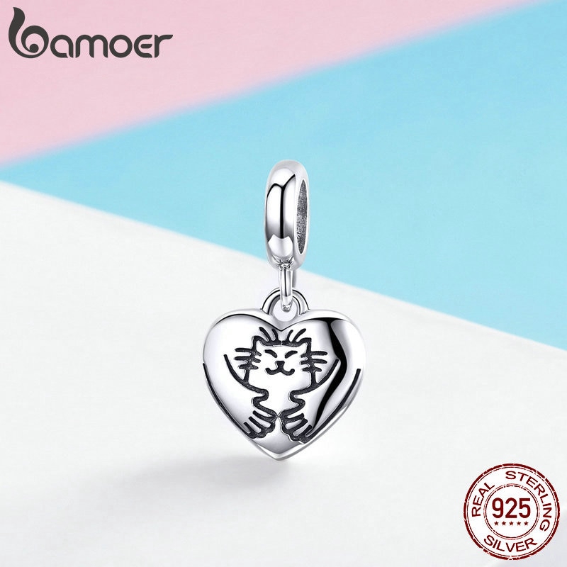 Mặt Trang Sức Bamoer Bằng Bạc 925 Hình Trái Tim Chạm Khắc Hình Chú Mèo Xinh Xắn Dùng Trang Trí Phụ Kiện DIY