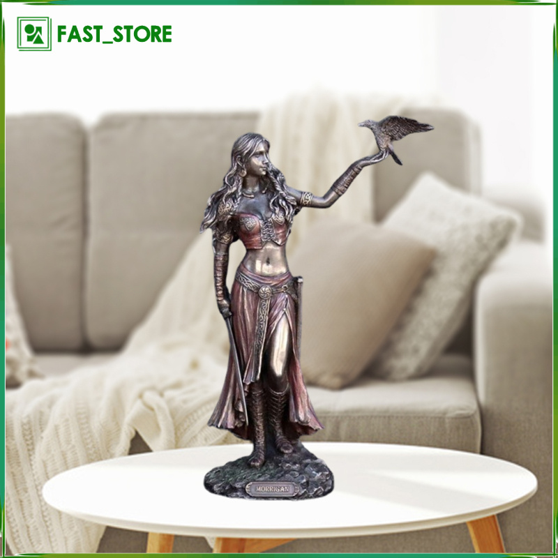 Celtic Goddess of the Battle Sword & Crow Resin Artwork Statue Morrigan Figurine Collectible, Bronze Finished