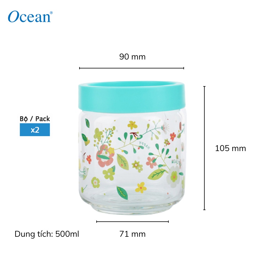 Bộ 2 Hũ Thủy Tinh Ocean Stax Jar 500ml In Hoa Nắp Nhựa