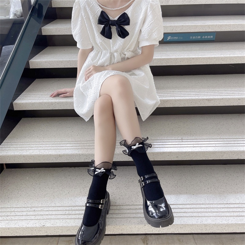 Youyo Vớ Cotton Vải Tuyn Phối Bèo Và Nơ Màu Trơn Phong Cách Harajuku Nhật Bản Ngọt Ngào Cho Nữ