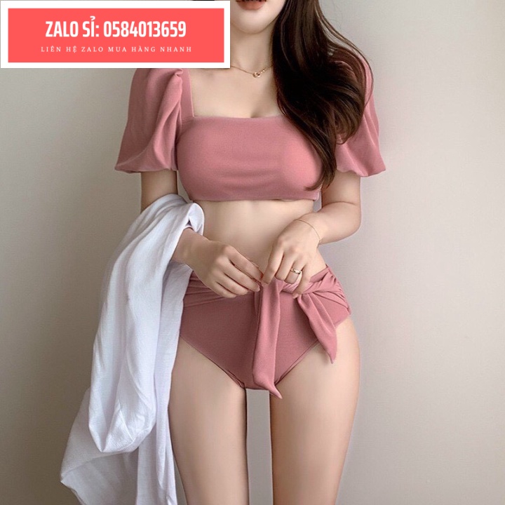 Bikini 2 mảnh áo tay bồng màu hồng đất, ,chất thun gân xinh xắn