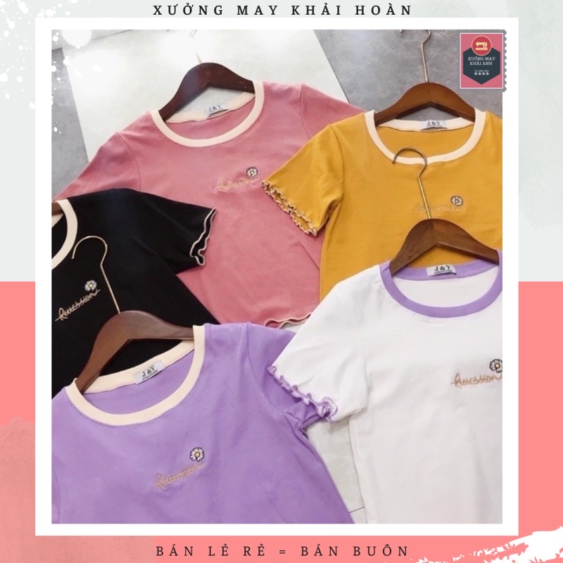 Áo croptop bo cổ thêu hoa cúc dáng body dưới 55kg - mã KA11