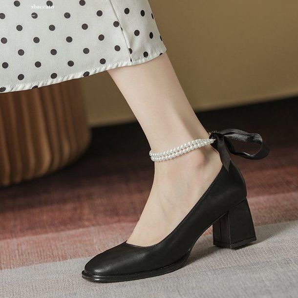 Giày Cao Gót Mũi Vuông Đính Nơ Phong Cách Pháp Mới 2021 Cho Nữ