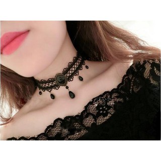Vòng cổ choker đeo cổ ren đen đính chuỗi đá mẫu mới