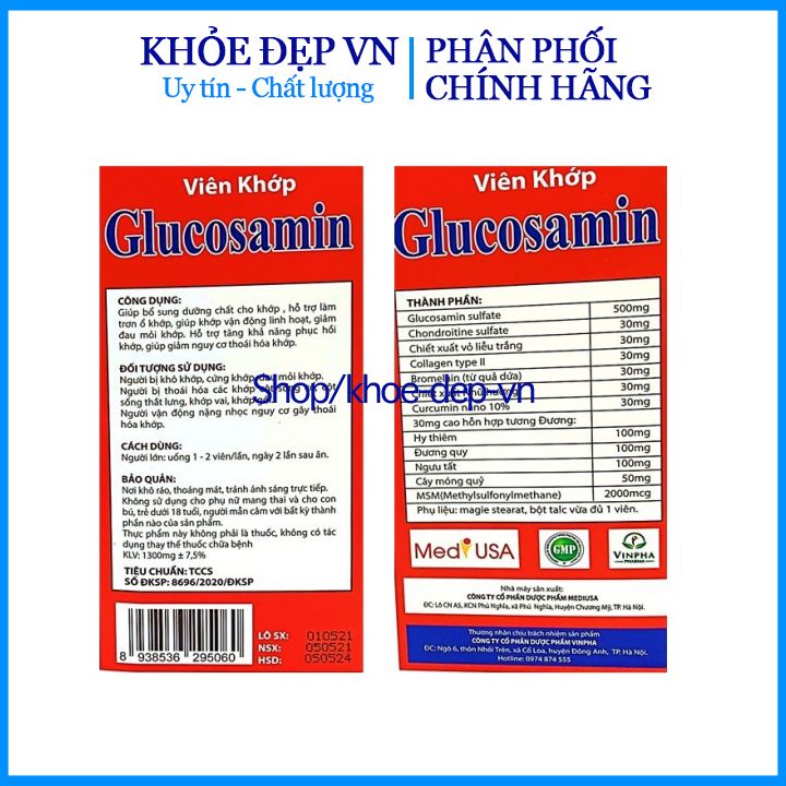 Viên khớp Glucosamin MSM 2000mg giảm đau nhức mỏi xương khớp - Lọ 60 viên