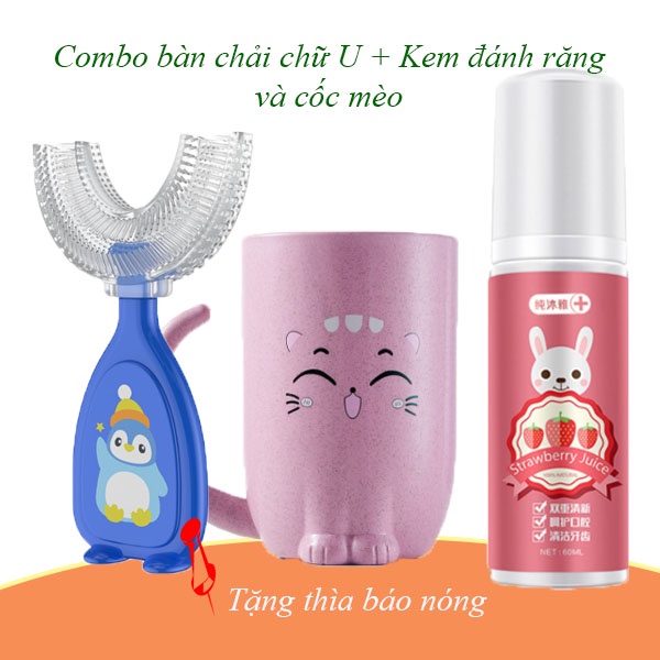 Combo bàn chải đánh răng cho bé chữ U + Cốc Mèo + Kem đánh răng tạo bọt hương dâu cam.  Món quà chăm sóc răng miệng bé