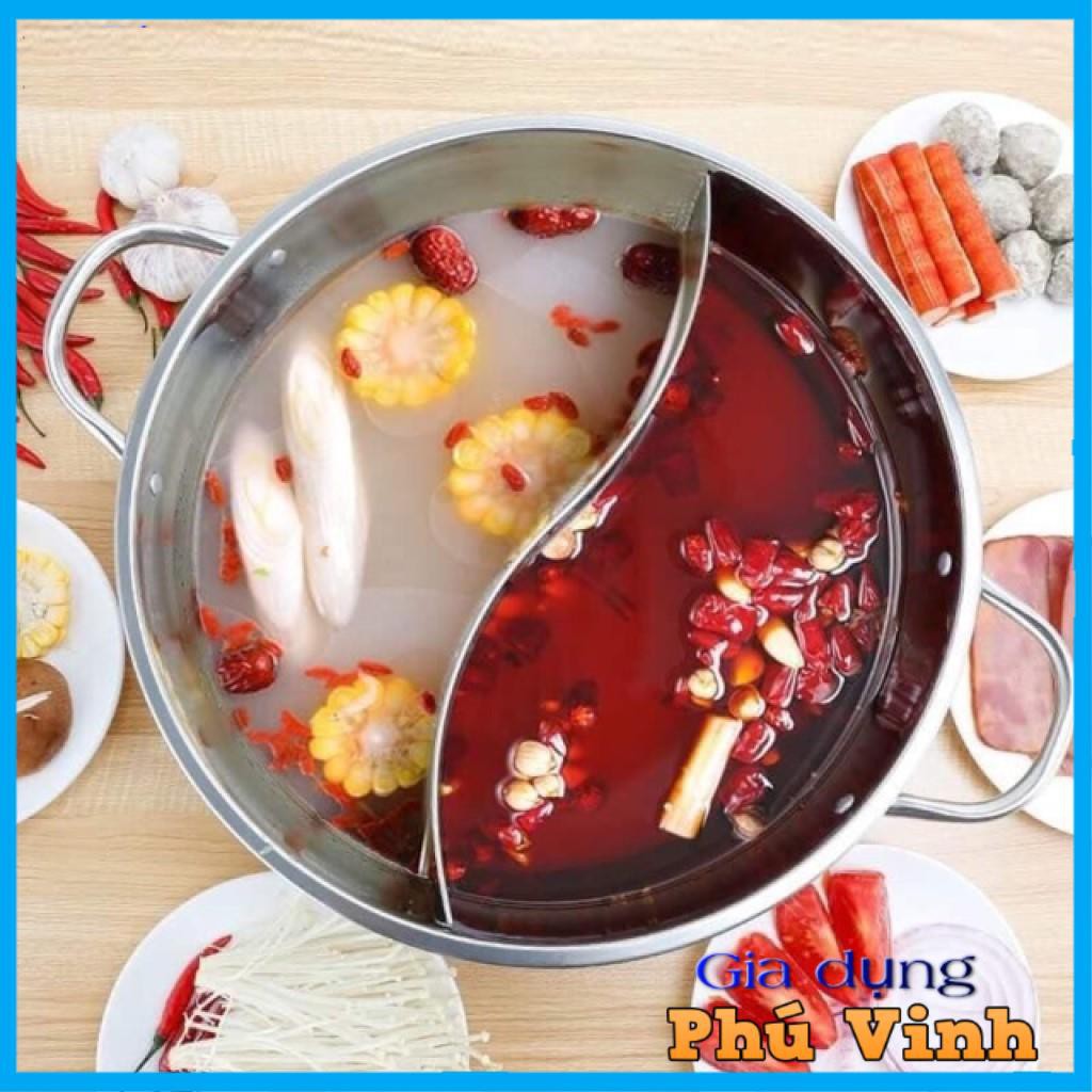 Nồi lẩu 2 ngăn Hotpot 32cm, nấu được bếp từ, có nắp kính (ảnh thật)