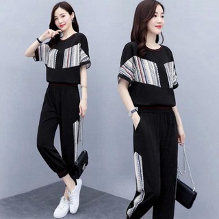 Bộ thể thao đũi nữ quần dài, áo cộc phối họa tiết