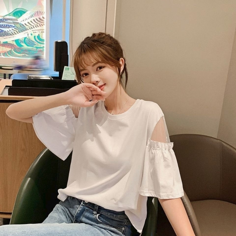 White Short-sleeved T-shirt Women's Short New Korean Version of The Trend Ins Loose Round Neck T-shirt Off-shoulder Top