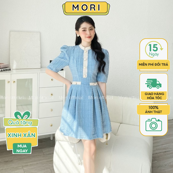 Đầm dạ tweed nữ thiết kế tay bồng tiểu thư Hàn Quốc cổ tròn 2 lớp sang chảnh thời trang thiết kế MORI CLOTHING V444