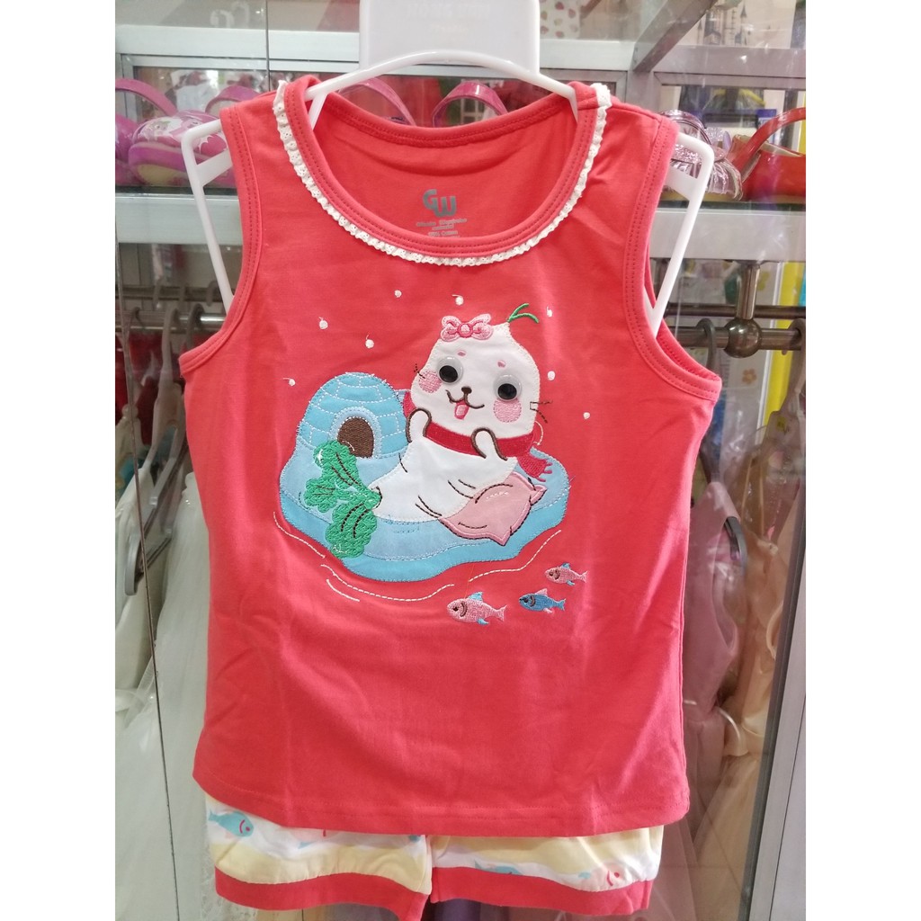 Bộ thun bé gái mùa hè thêu hêu Mèo câu cá