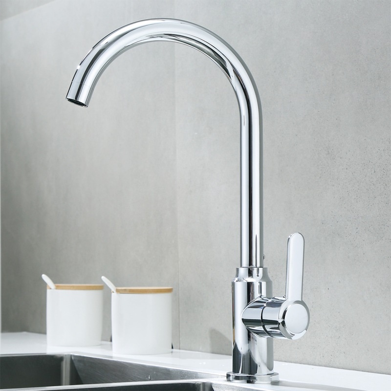 Vòi Rửa Chén Bát Nóng Lạnh Inox 304 Cổ Bi Thân Cứng Mạ Màu Bạc Với Cần Gạt Dẹt, Đầu Vòi Tạo Bọt, Chống Giọt Bắn Cao Cấp