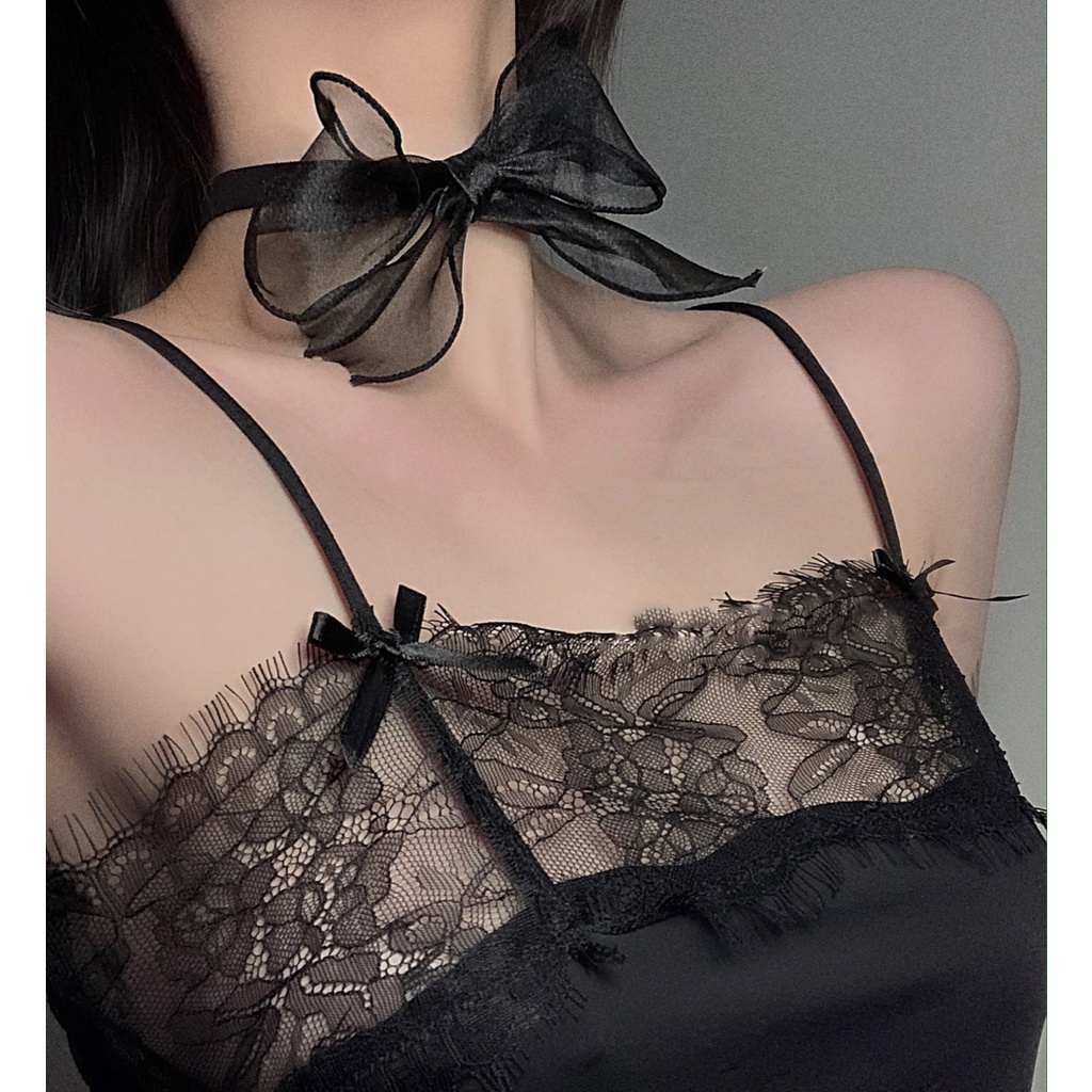 Vòng Cổ Choker Ren Màu Đen Phối Nơ Phong Cách Âu Mỹ Cho Nữ