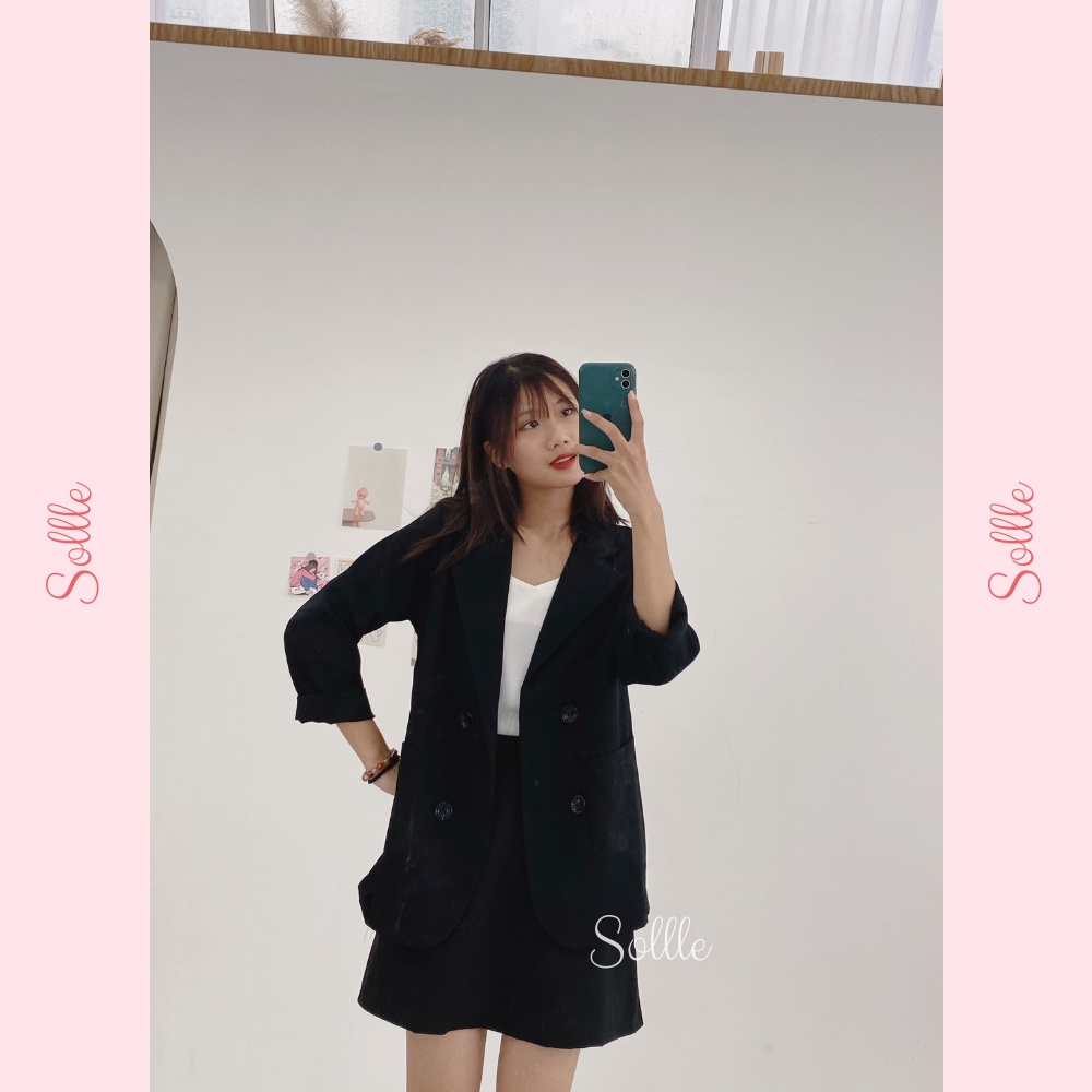 Set áo vest trơn blazer dài tay kèm chân váy ngắn A chun lưng free size Hàn Quốc nhiều màu lịch sự Sollle